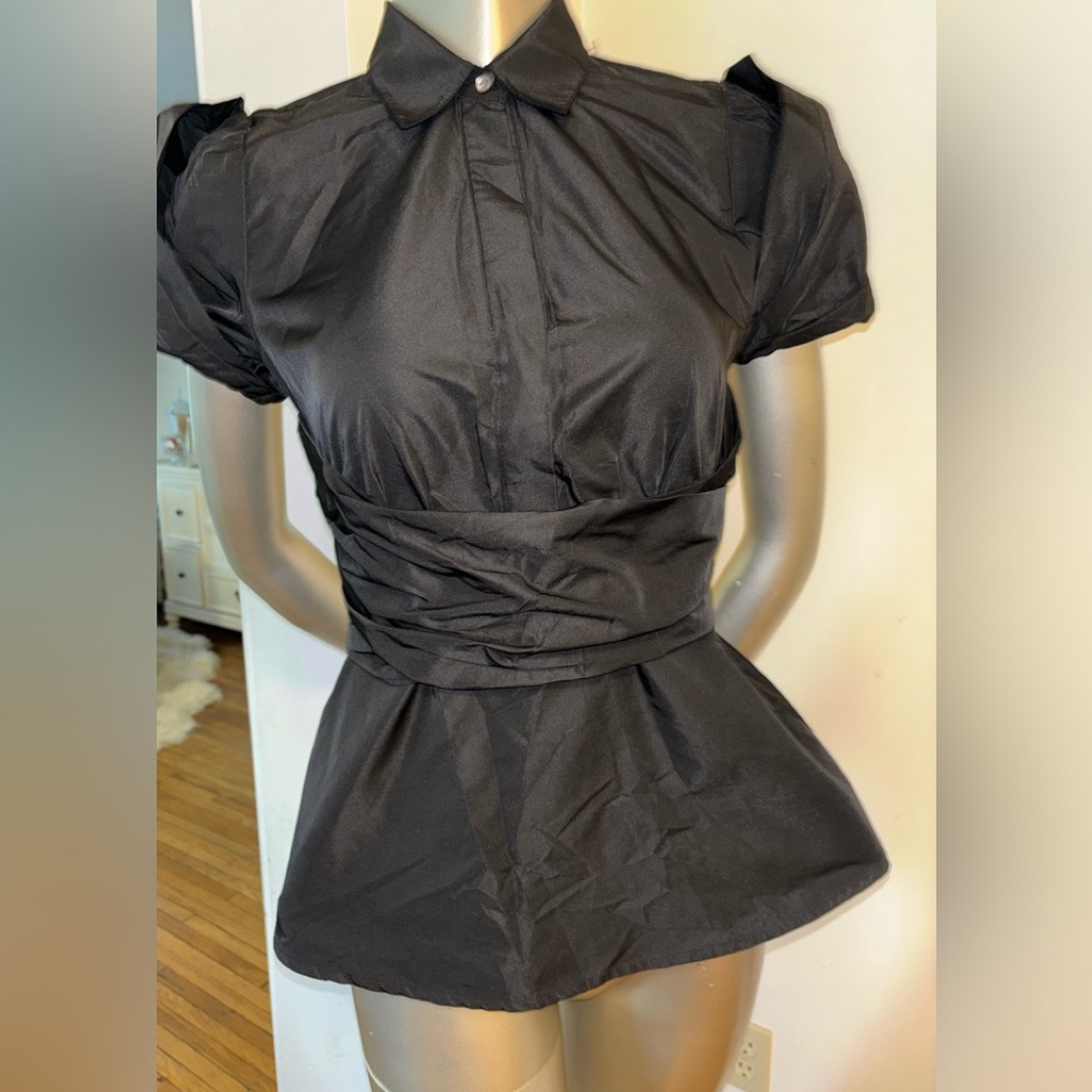 BCBG Max Azria Black Collared Puff Sleeve Sash Top, Women's Size Medium NWT